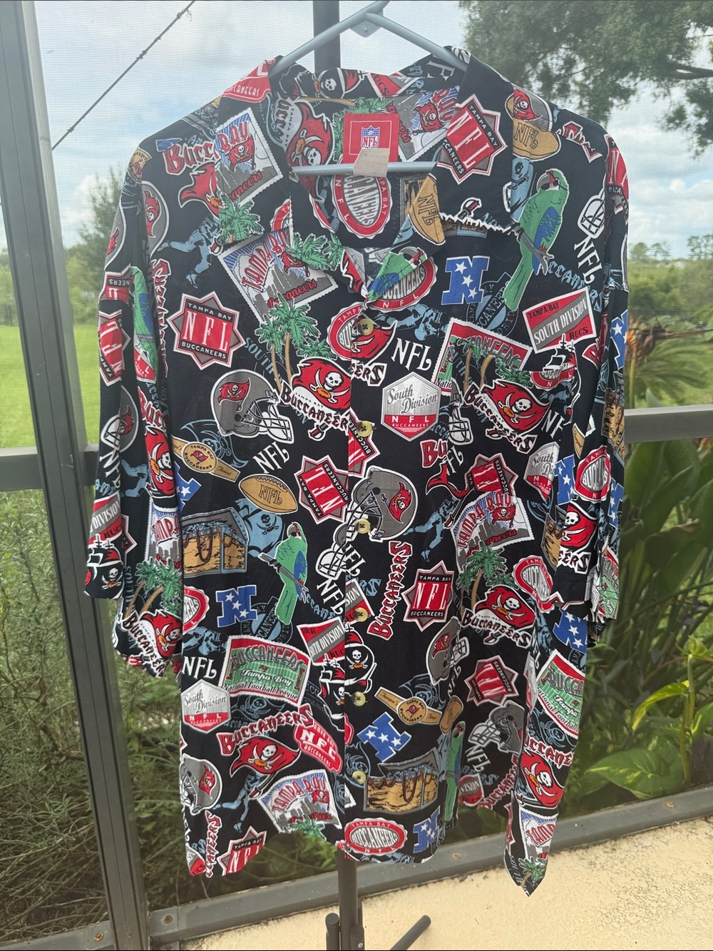 NFL Buccaneers Patchwork Logo Button-Down Shirt in Black, Red, Green, White